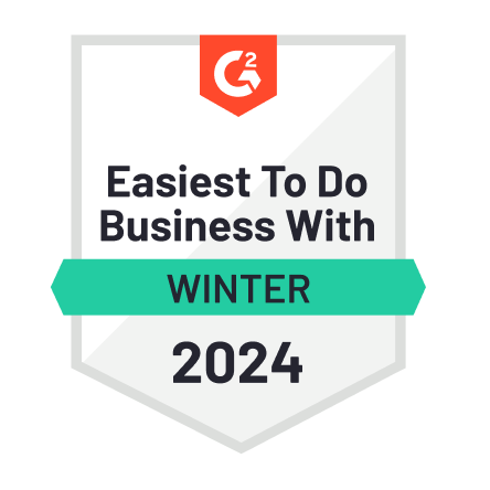Badge featuring the G2 logo at the top. Text reads Easiest To Do Business With followed by Winter on a green banner and 2024 at the bottom. Badge has a white background with a subtle shadow effect.