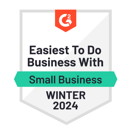 Badge from G2 labeled Easiest To Do Business With, Small Business, Winter 2024, featuring a red G2 logo at the top.
