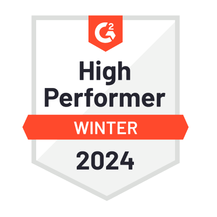 Badge displaying G2 High Performer Winter 2024 in gray and orange lettering.