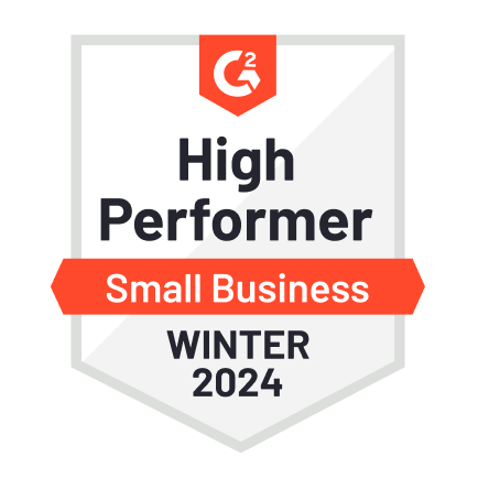 Badge displaying the G2 logo, labeled High Performer for Small Business, Winter 2024.