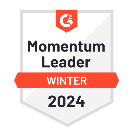A badge with the G2 logo at the top, labeled Momentum Leader. Below, an orange banner reads Winter 2024.
