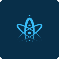 Icon depicting a stylized blue atom with orbits and electrons on a dark blue background.