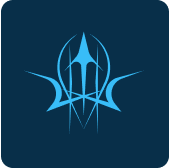 A stylized blue emblem with sharp, angular lines forms a decorative icon on a dark blue square background. The design features symmetrical, pointed shapes with a central elongated element.