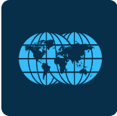 Icon of a blue world map on a dark blue background, showing continents with grid lines, resembling a globe projection.