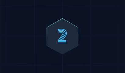 A dark hexagon with a blue outline contains a stylized number 2 with horizontal blue lines on a dark grid background.