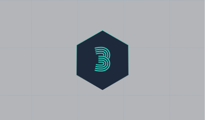 A dark hexagon with a stylized, light blue letter B in the center against a dark grid background.