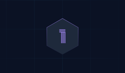 A dark hexagonal shape with a stylized purple column icon in the center, surrounded by a subtle grid pattern.