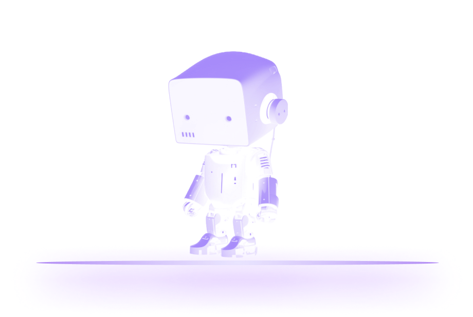 A purple-hued robot with a square head stands on a glowing platform. It has a simplistic design with large feet and arms, facing slightly to the left. The background is black, making the bright purple colors stand out.