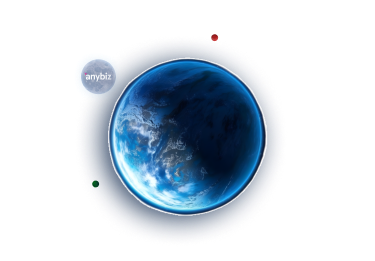 A digital illustration of a blue planet in space surrounded by concentric circles. There is a gray sphere with the text anybiz near the top left of the planet.